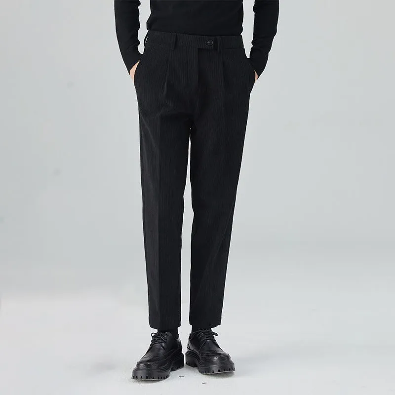 Men's straight-leg corduroy trousers in beige colour showing mid-waist design and loose fit