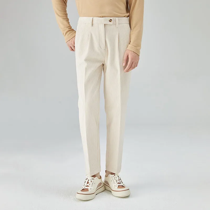 Men's straight-leg corduroy trousers in beige colour showing mid-waist design and loose fit