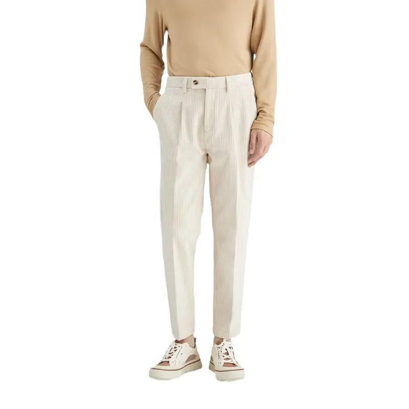 Men's straight-leg corduroy trousers in beige colour showing mid-waist design and loose fit
