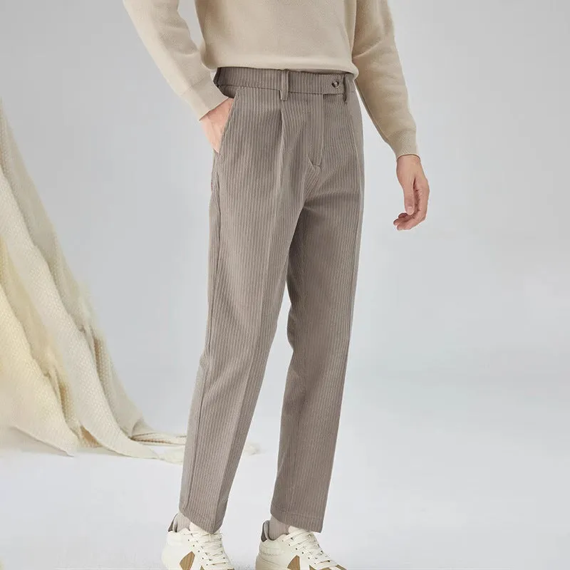 Men's straight-leg corduroy trousers in beige colour showing mid-waist design and loose fit