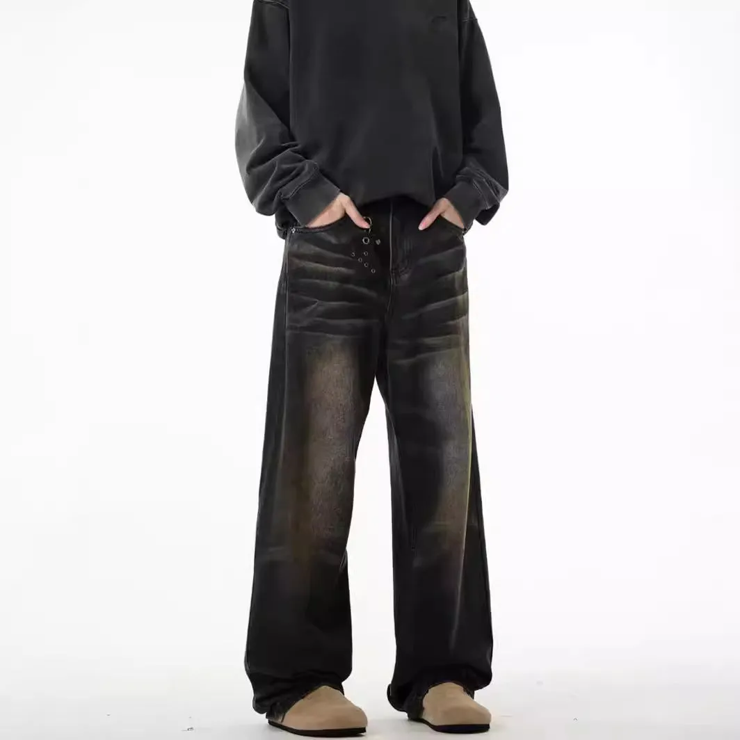Men's retro straight-leg jeans in Black Gray, low waist, high elasticity denim, available in sizes S-3XL