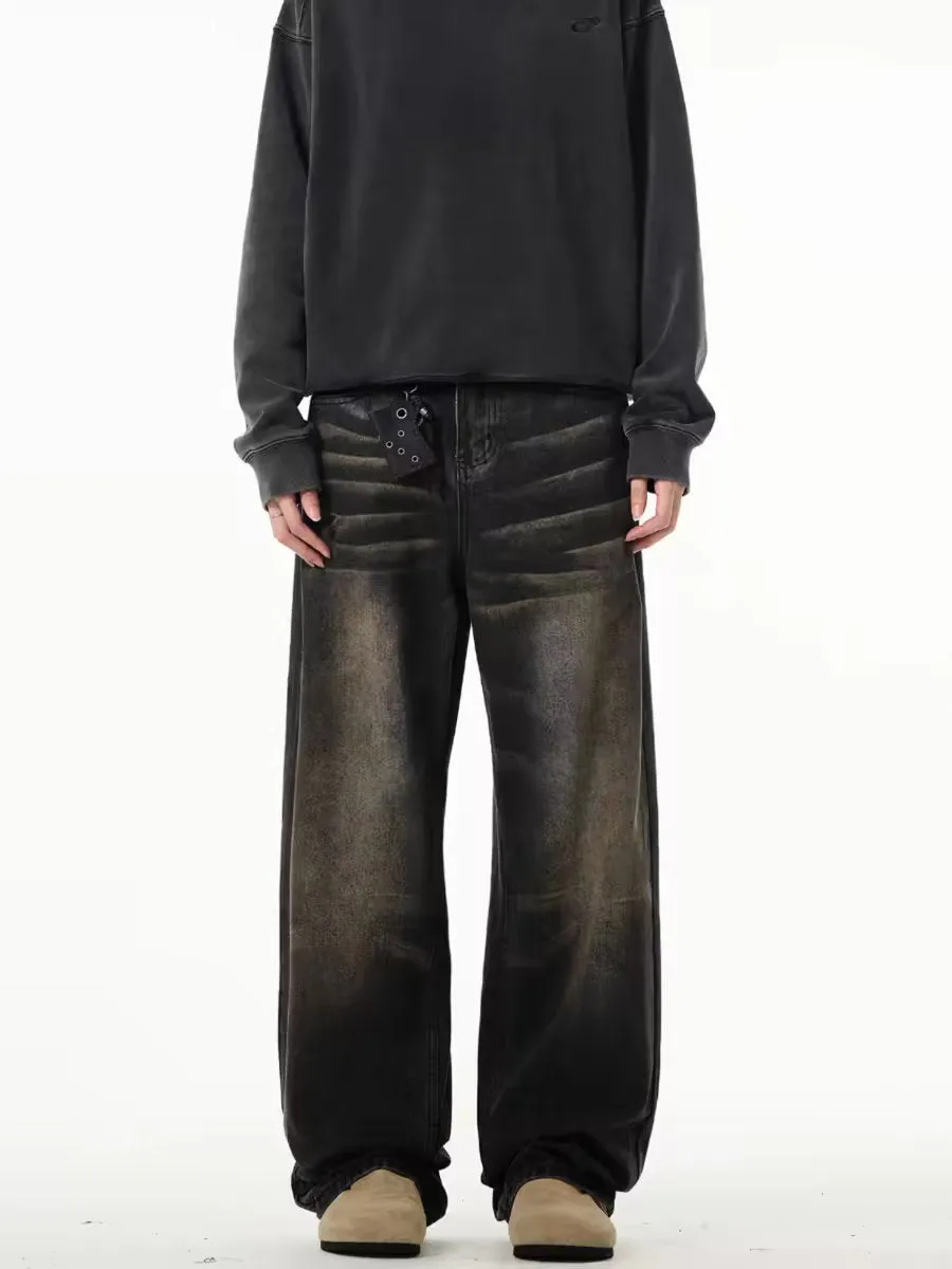 Men's retro straight-leg jeans in Black Gray, low waist, high elasticity denim, available in sizes S-3XL