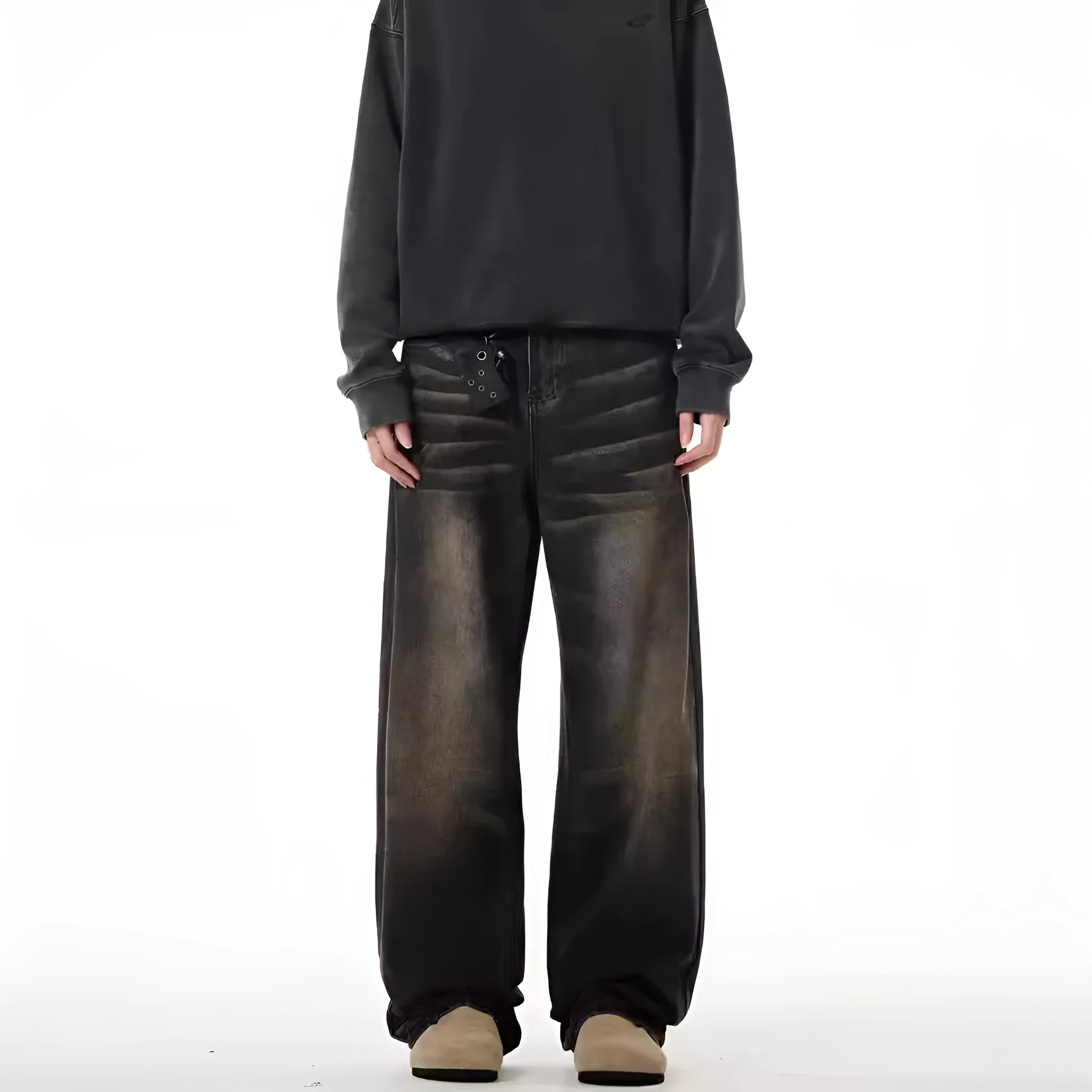 Men's retro straight-leg jeans in Black Gray, low waist, high elasticity denim, available in sizes S-3XL