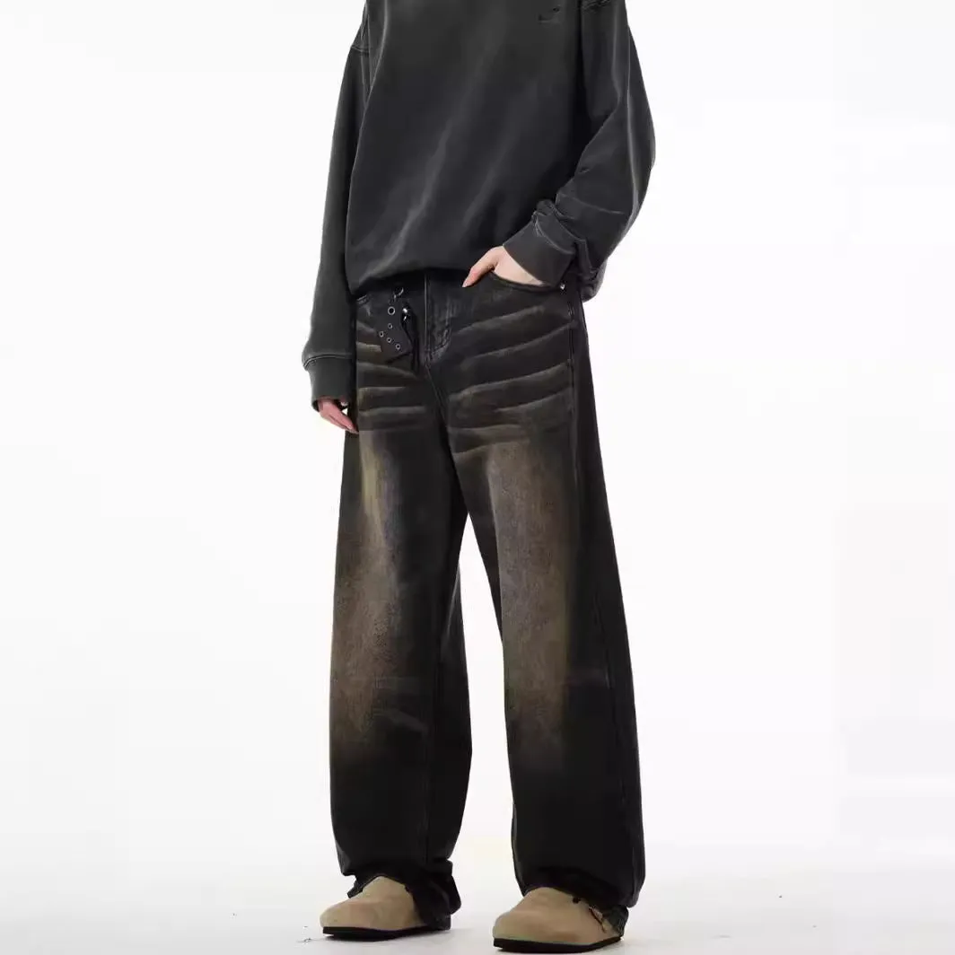 Men's retro straight-leg jeans in Black Gray, low waist, high elasticity denim, available in sizes S-3XL