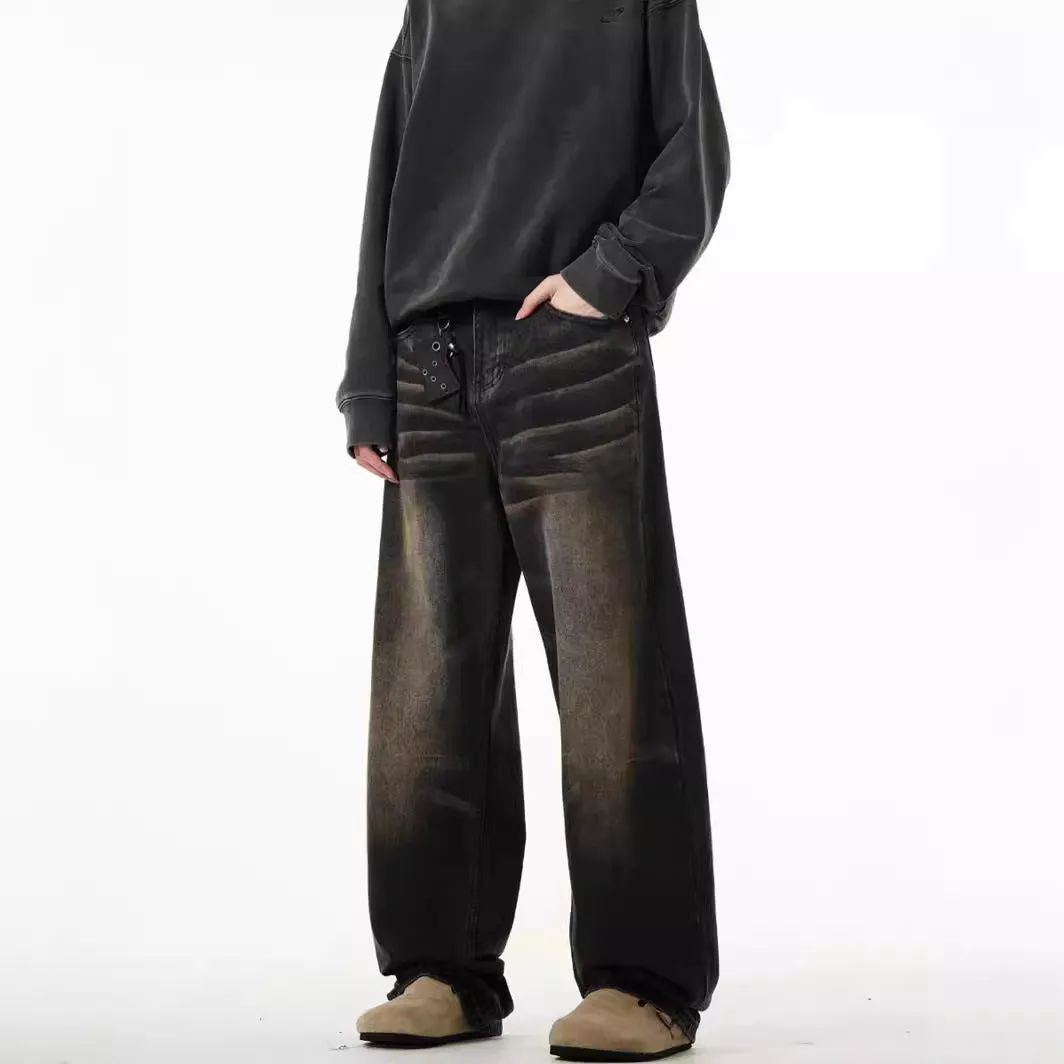 Men's retro straight-leg jeans in Black Gray, low waist, high elasticity denim, available in sizes S-3XL