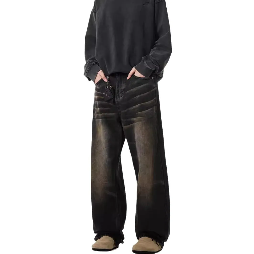 Men's retro straight-leg jeans in Black Gray, low waist, high elasticity denim, available in sizes S-3XL