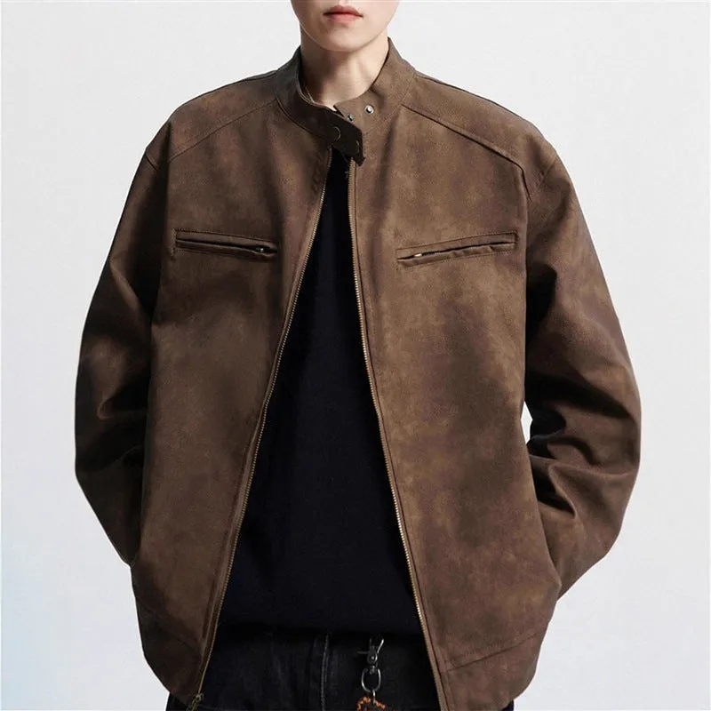 Vintage brown distressed PU motorcycle coat with stand-up collar and loose fit