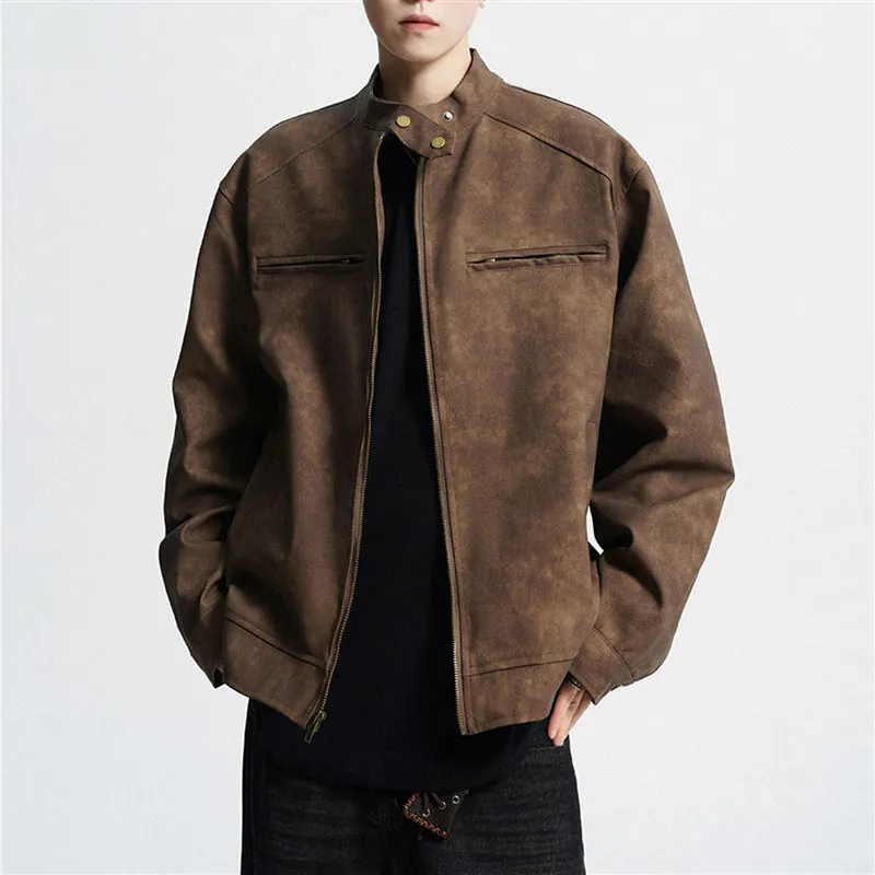 Vintage brown distressed PU motorcycle coat with stand-up collar and loose fit