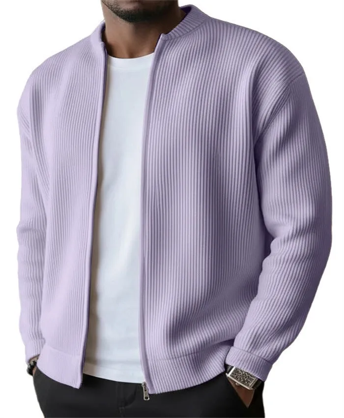 Men's casual sweater-style jacket in solid colour, made from polyester fabric, shown in a front view