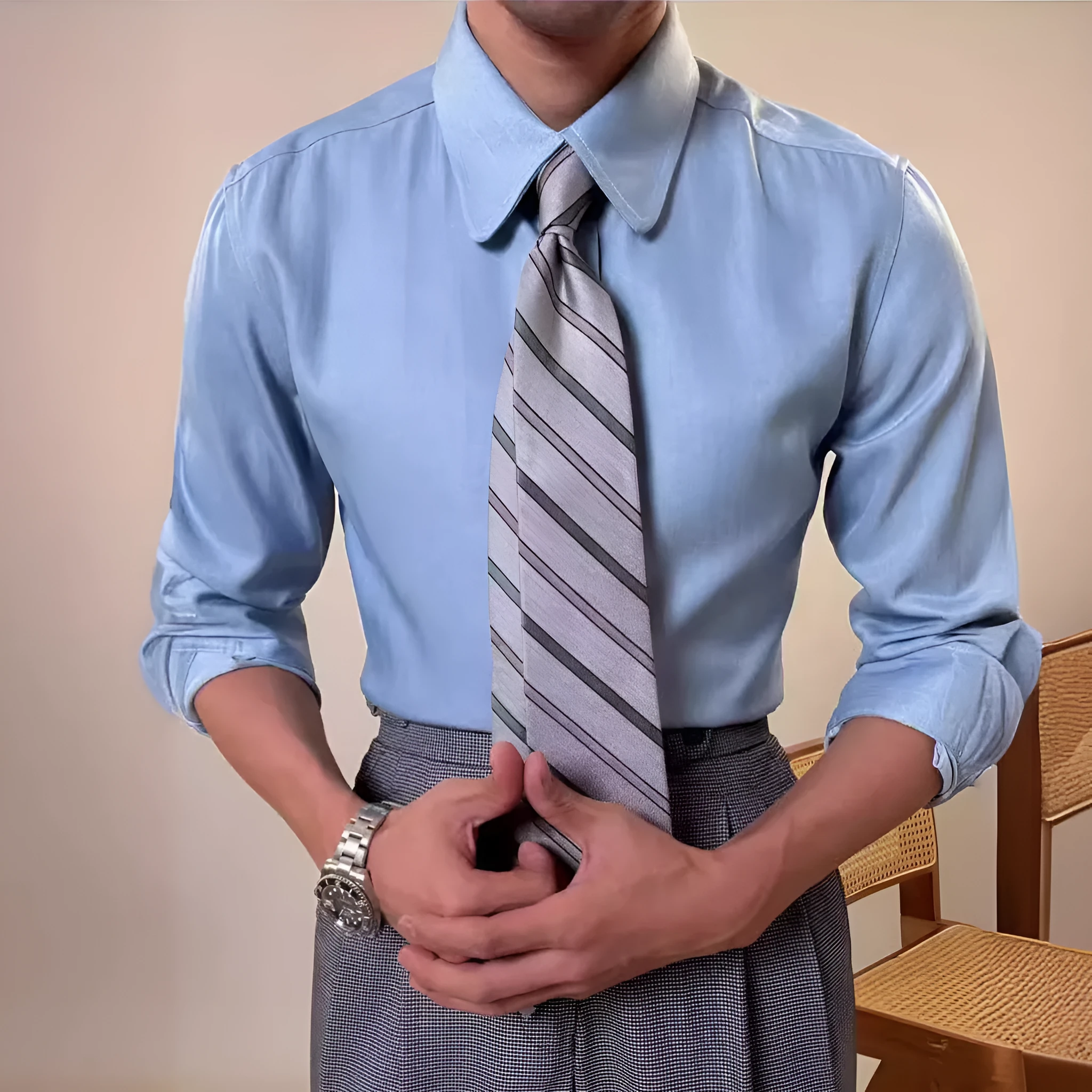 Men's blue round collar long sleeve shirt in slim fit design for casual and business wear