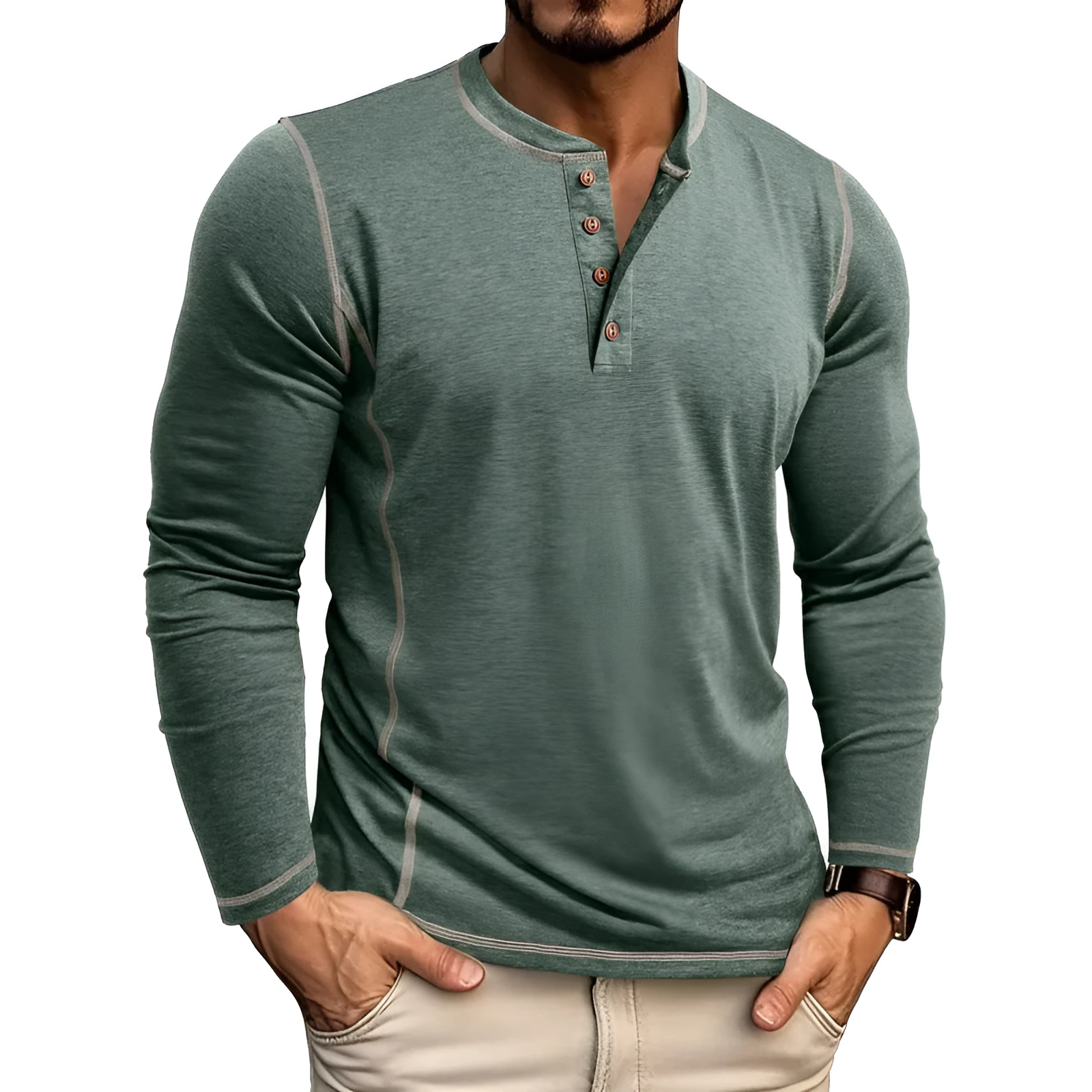 Men's cotton blend Henley shirt with four-button top in slim fit, available in 8 colours and sizes S to 3XL
