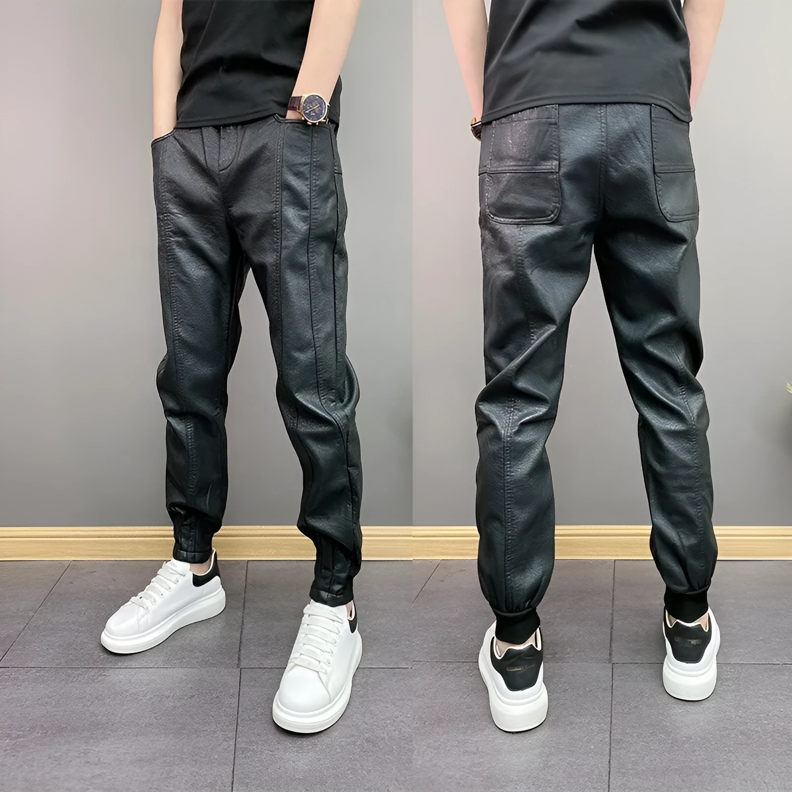 Black waterproof windproof casual rider motorcycle tapered pants with artificial leather lining and mid-rise waist