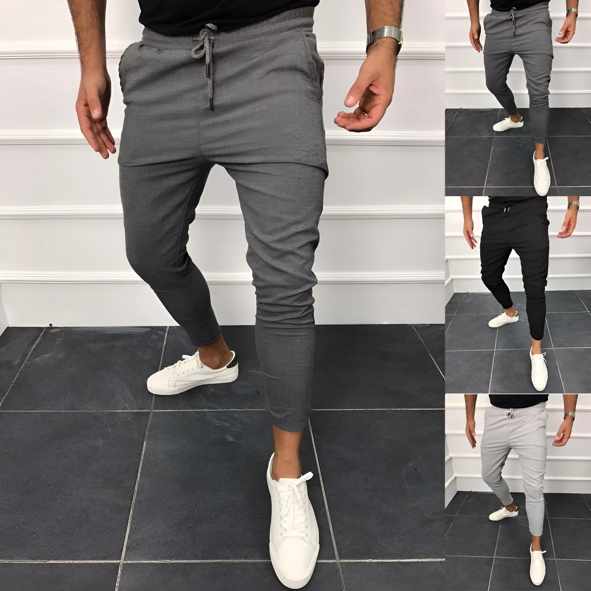 Lace-up casual jogging pants in solid light grey, nine points length, mid-waist, with adjustable front laces