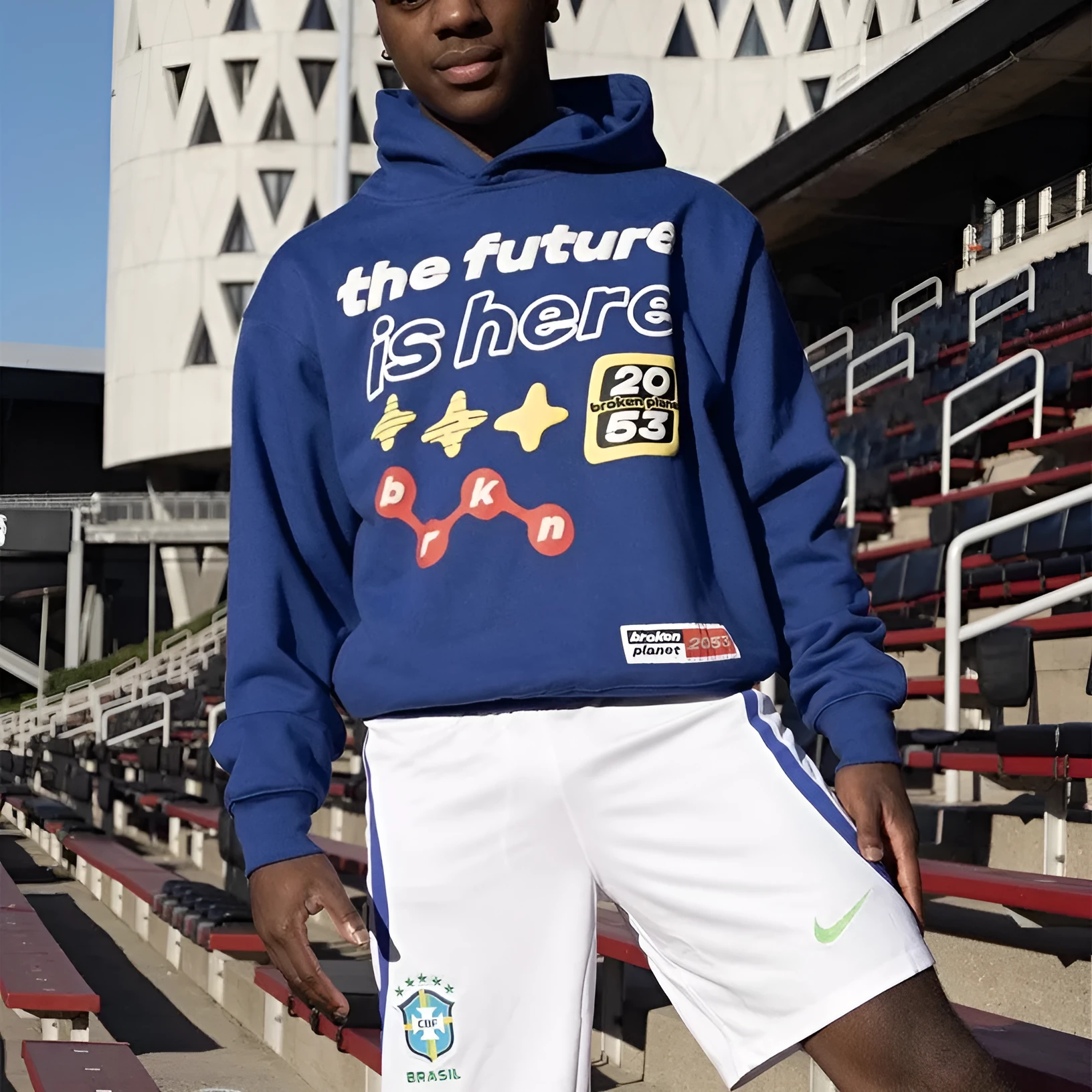 Blue creative pattern pullover hoodie for men with hooded collar