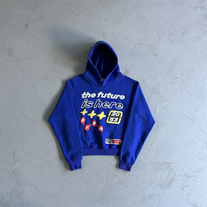 Blue creative pattern pullover hoodie for men with hooded collar