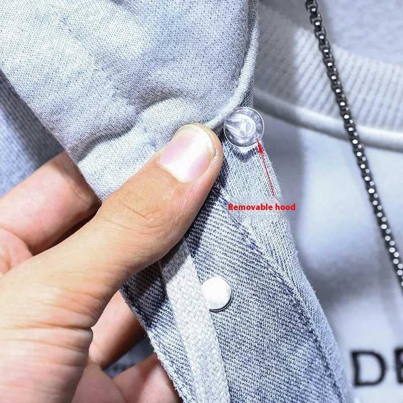 Men's light blue cotton denim jacket with detachable hood, regular fit, long sleeves, and straight hem on a plain background