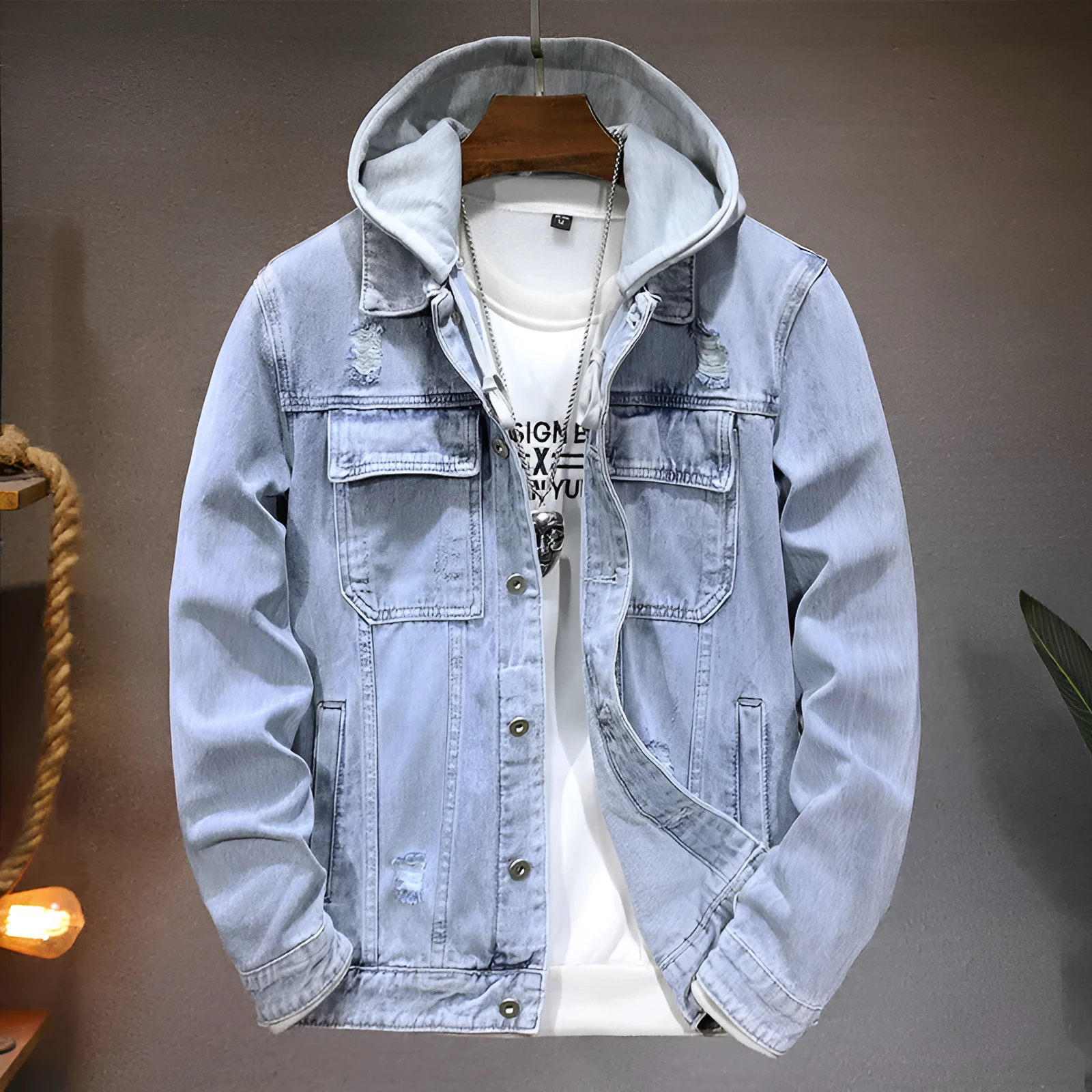 Men's light blue cotton denim jacket with detachable hood, regular fit, long sleeves, and straight hem on a plain background