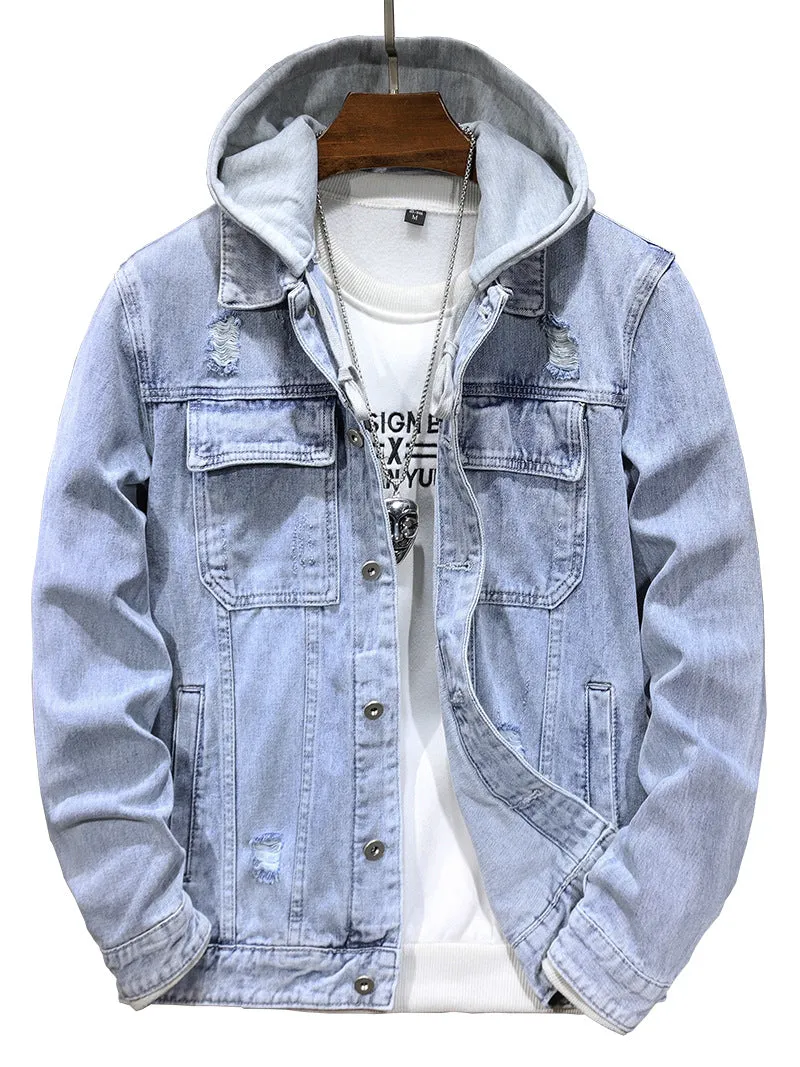 Men's light blue cotton denim jacket with detachable hood, regular fit, long sleeves, and straight hem on a plain background