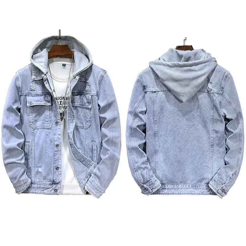 Men's light blue cotton denim jacket with detachable hood, regular fit, long sleeves, and straight hem on a plain background