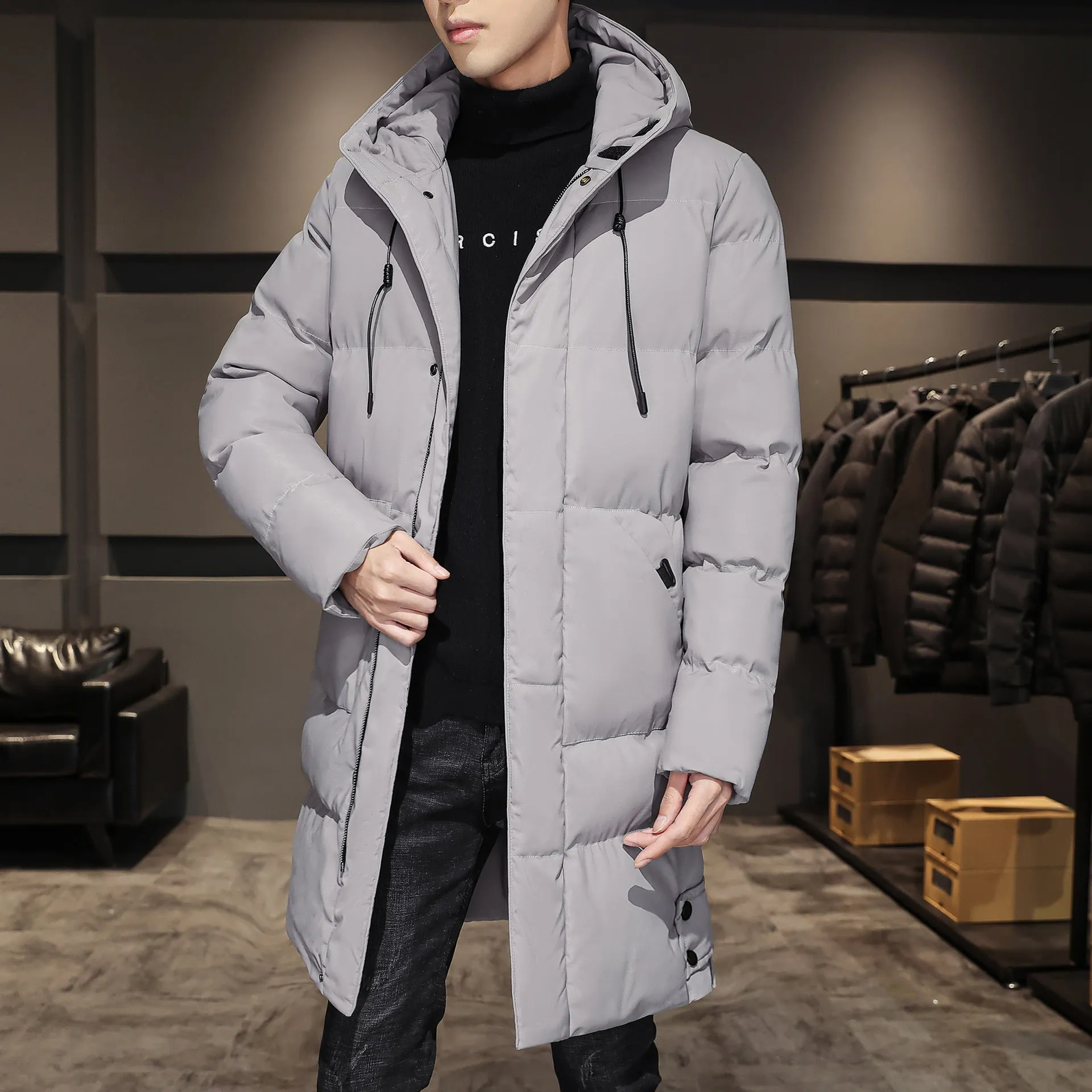 Plus size men's winter hooded cardigan coat in Army Green with patch pockets and straight hem