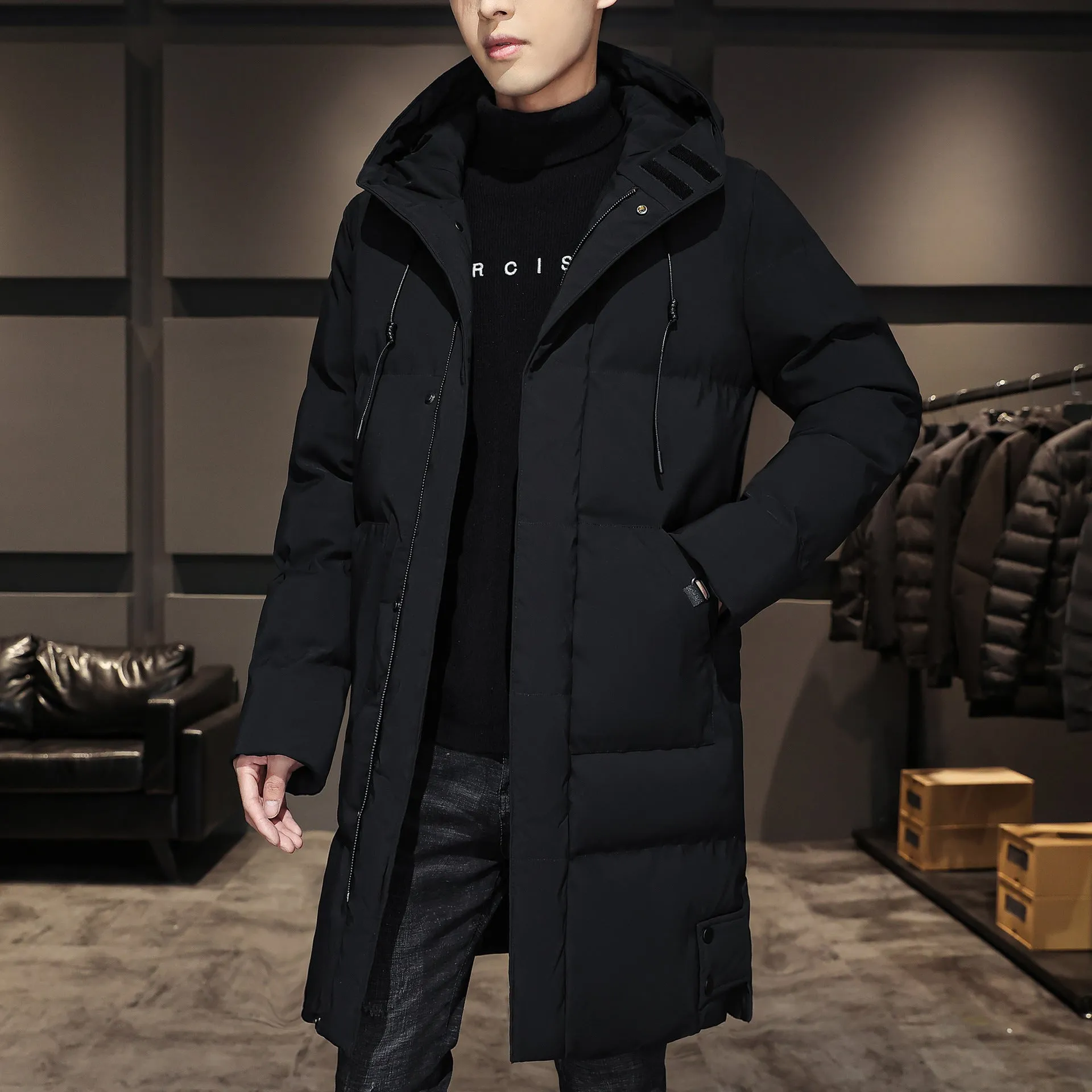 Plus size men's winter hooded cardigan coat in Army Green with patch pockets and straight hem