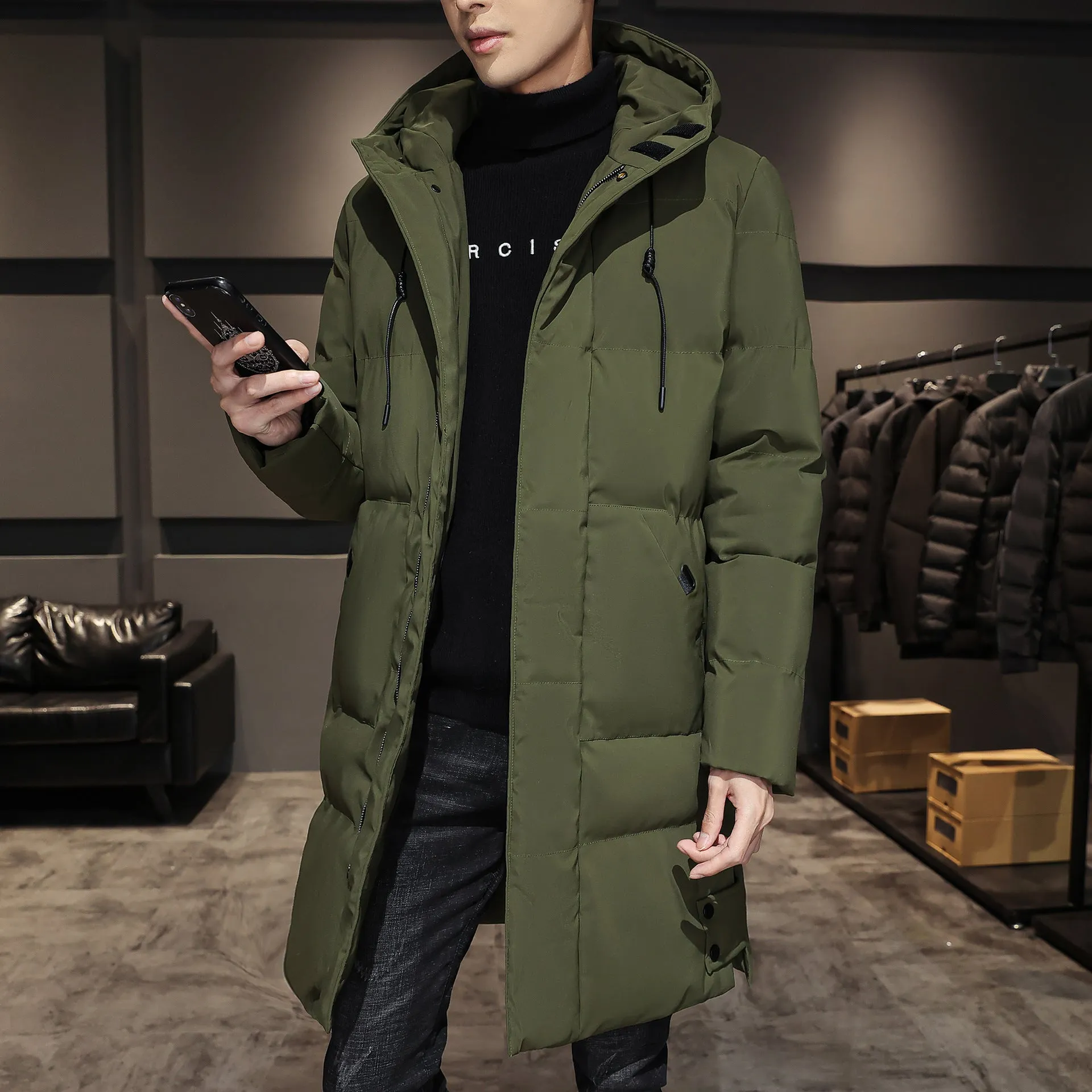 Plus size men's winter hooded cardigan coat in Army Green with patch pockets and straight hem