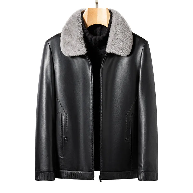 Business casual men's leather jacket in solid black colour, front view, size M to 4XL
