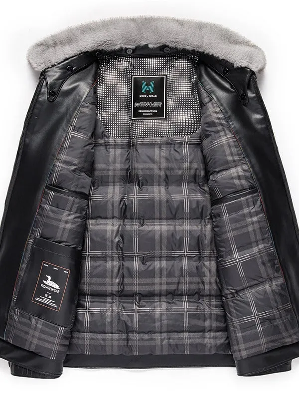 Business casual men's leather jacket in solid black colour, front view, size M to 4XL