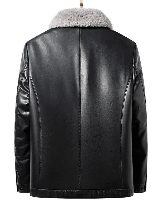 Business casual men's leather jacket in solid black colour, front view, size M to 4XL