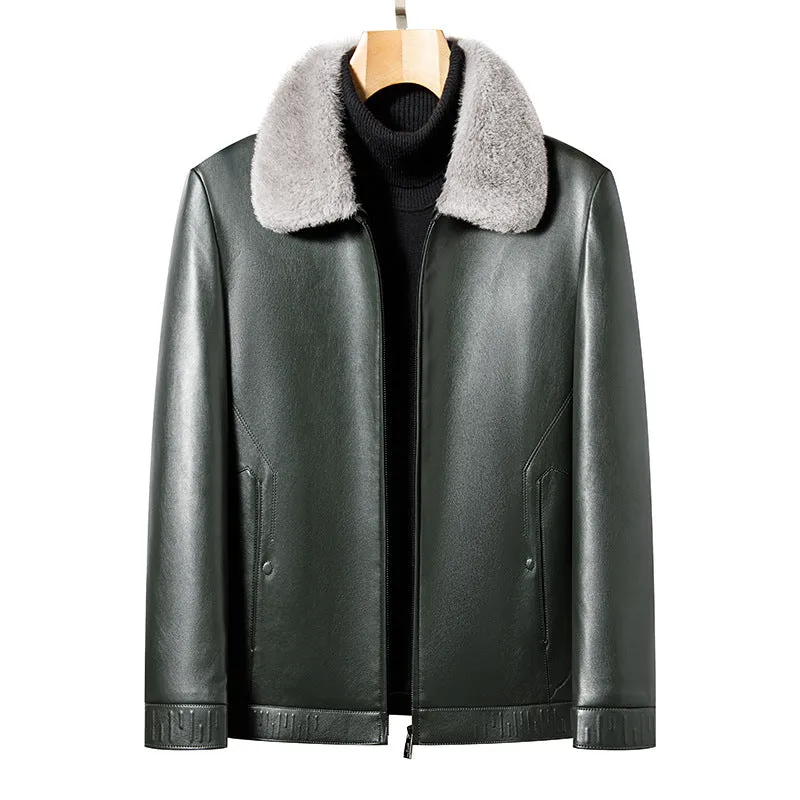 Business casual men's leather jacket in solid black colour, front view, size M to 4XL