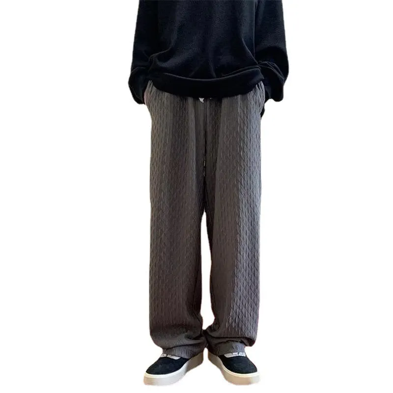 Men's jacquard rhombus draped pants in black, straight leg, long trousers with non-ironing finish