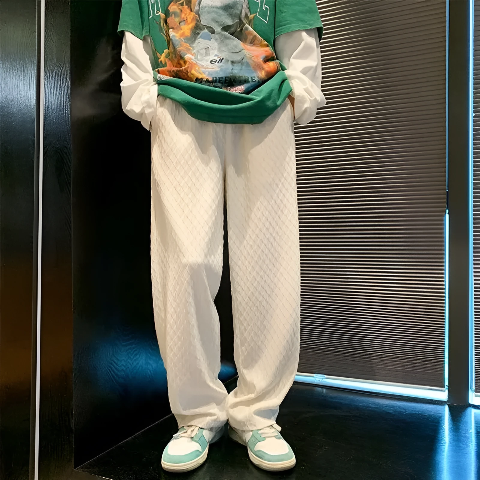 Men's jacquard rhombus draped pants in black, straight leg, long trousers with non-ironing finish
