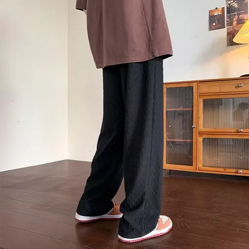 Men's jacquard rhombus draped pants in black, straight leg, long trousers with non-ironing finish