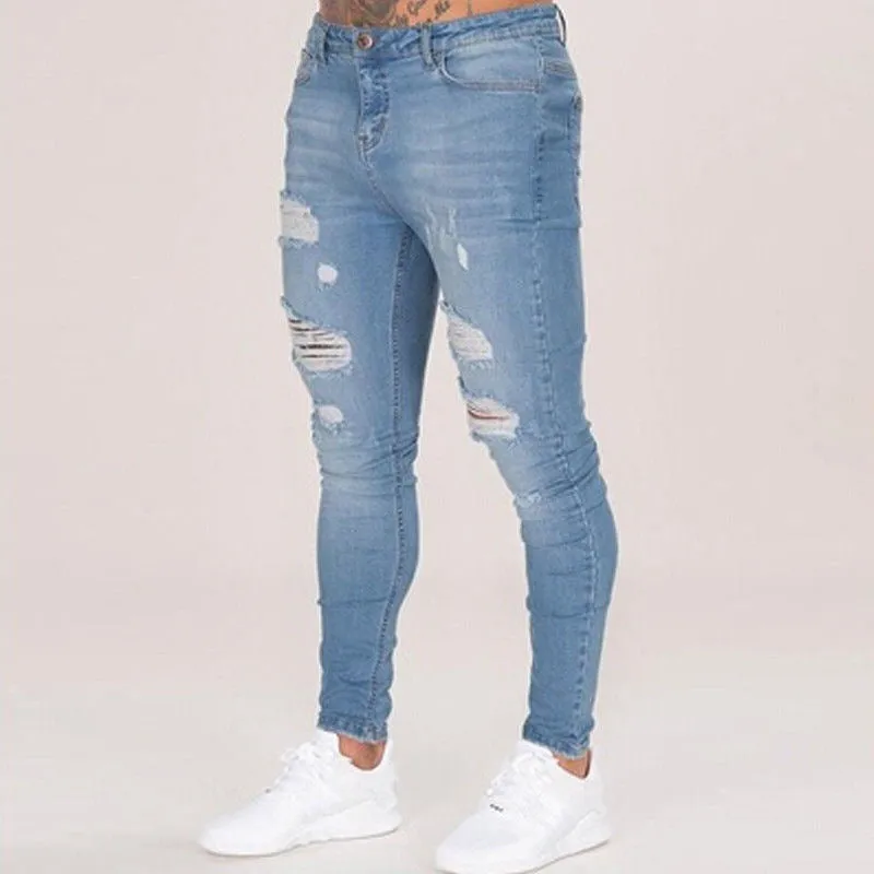 Men's high waist washed cotton denim pencil pants in black, skinny fit with zipper fly