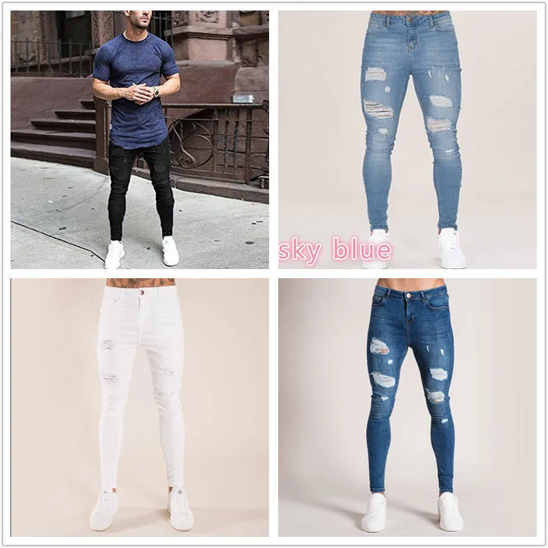 Men's high waist washed cotton denim pencil pants in black, skinny fit with zipper fly