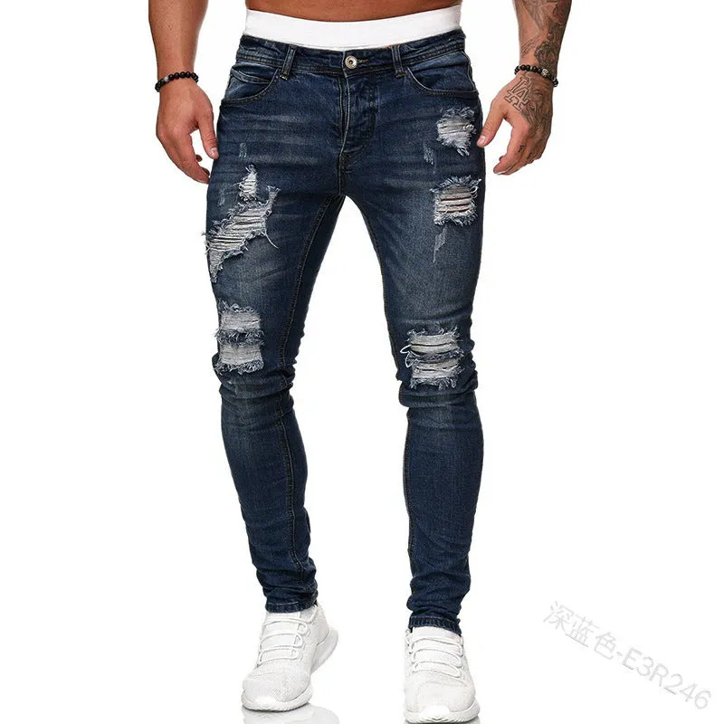 Men's high waist washed cotton denim pencil pants in black, skinny fit with zipper fly