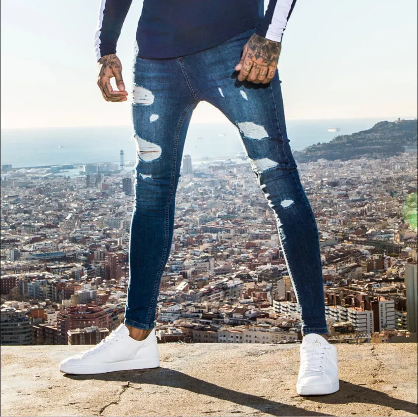 Men's high waist washed cotton denim pencil pants in black, skinny fit with zipper fly