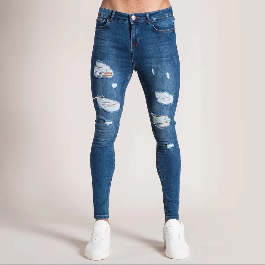Men's high waist washed cotton denim pencil pants in black, skinny fit with zipper fly