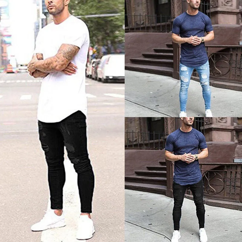 Men's high waist washed cotton denim pencil pants in black, skinny fit with zipper fly