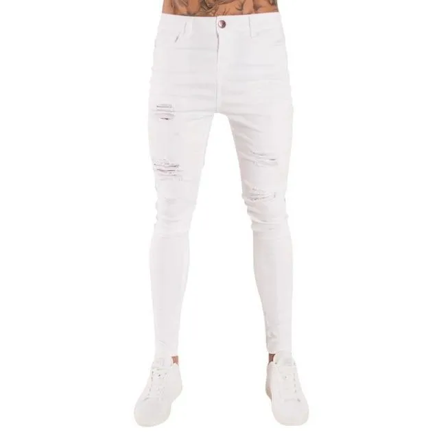 Men's high waist washed cotton denim pencil pants in black, skinny fit with zipper fly