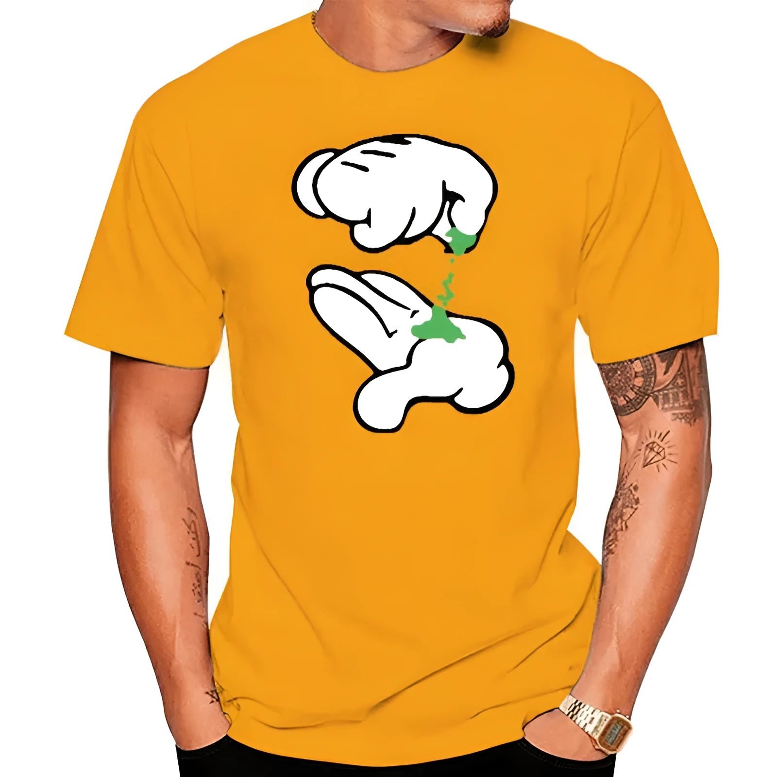 Men's hand kneaded weed print cotton t-shirt in front view on plain background