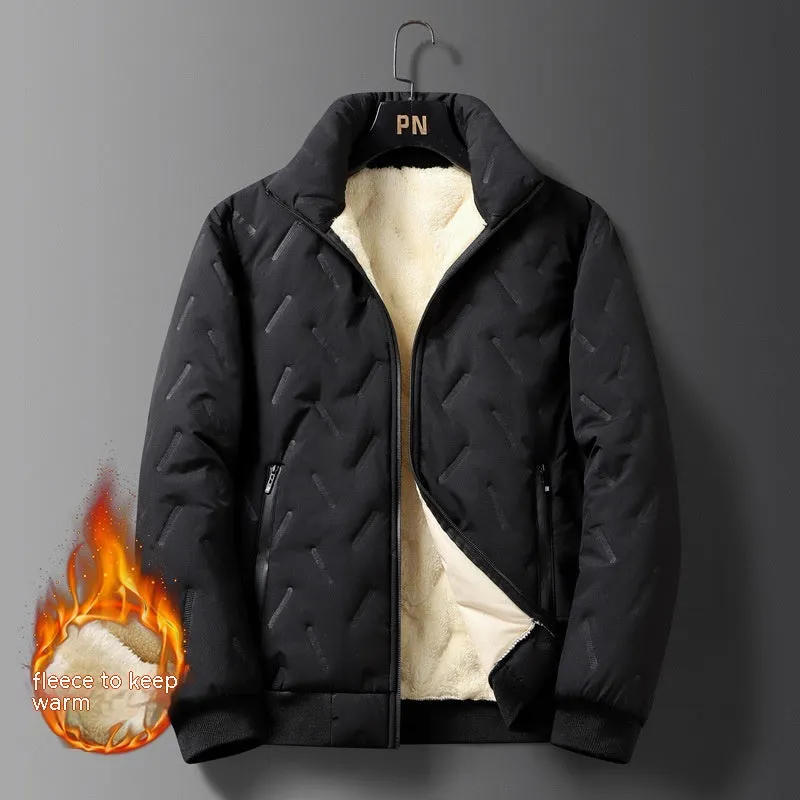 Men's Berber fleece cotton coat slim fit fleece-lined winter jacket in black, Korean style with collar