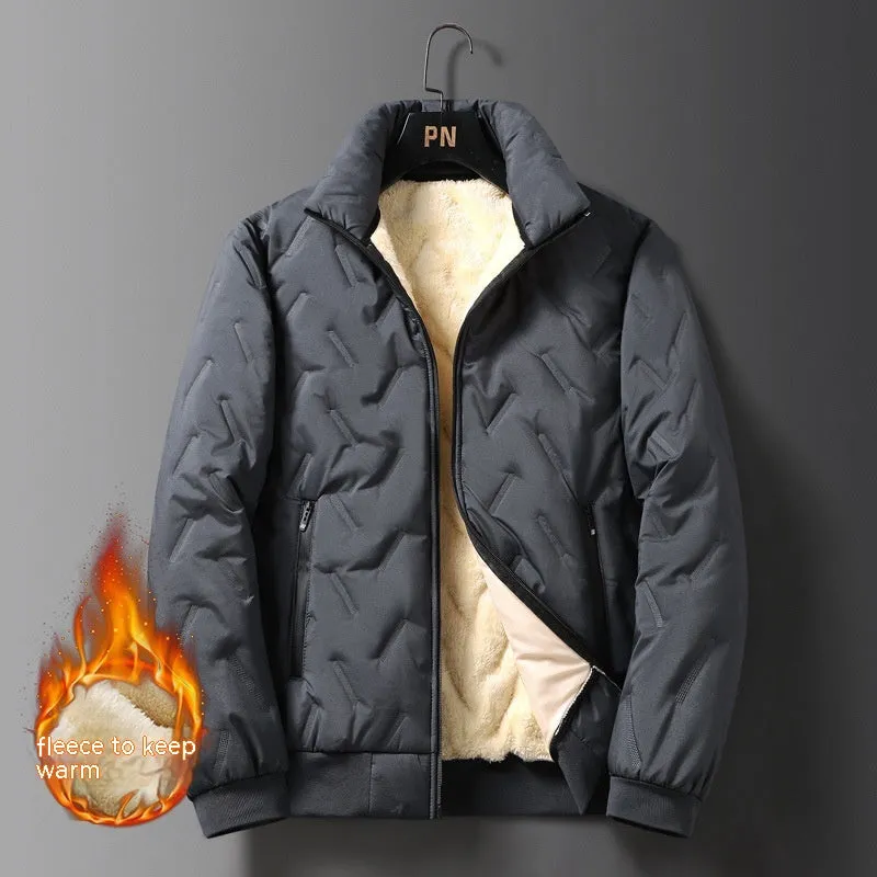 Men's Berber fleece cotton coat slim fit fleece-lined winter jacket in black, Korean style with collar