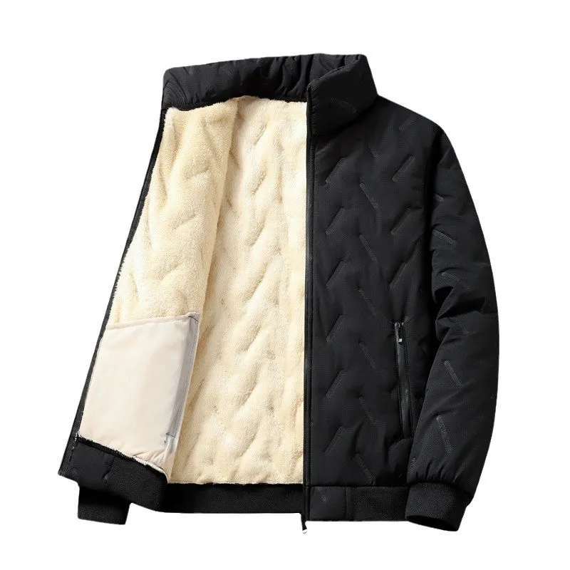Men's Berber fleece cotton coat slim fit fleece-lined winter jacket in black, Korean style with collar