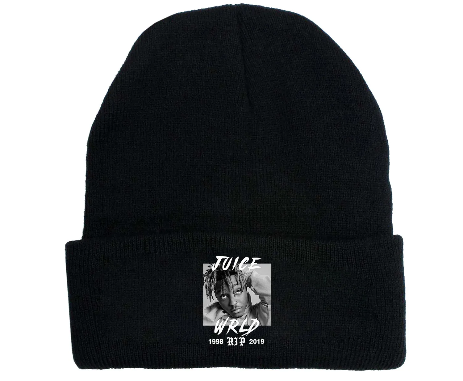 Wool knitted winter hat with flat top and curling brim in monochrome flower print