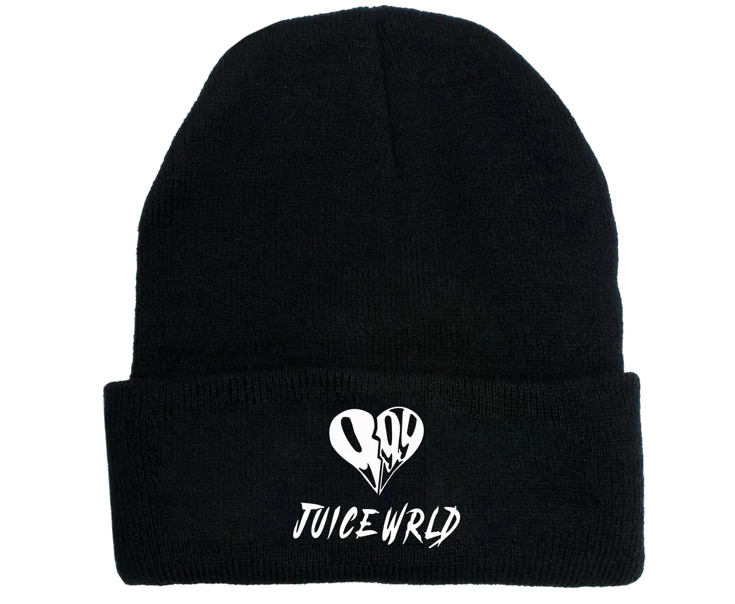 Wool knitted winter hat with flat top and curling brim in monochrome flower print