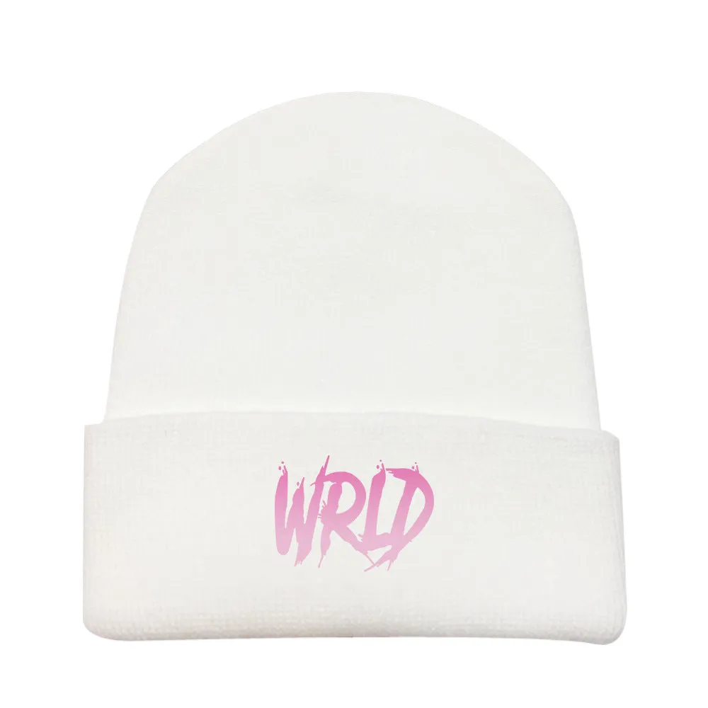 Wool knitted winter hat with flat top and curling brim in monochrome flower print