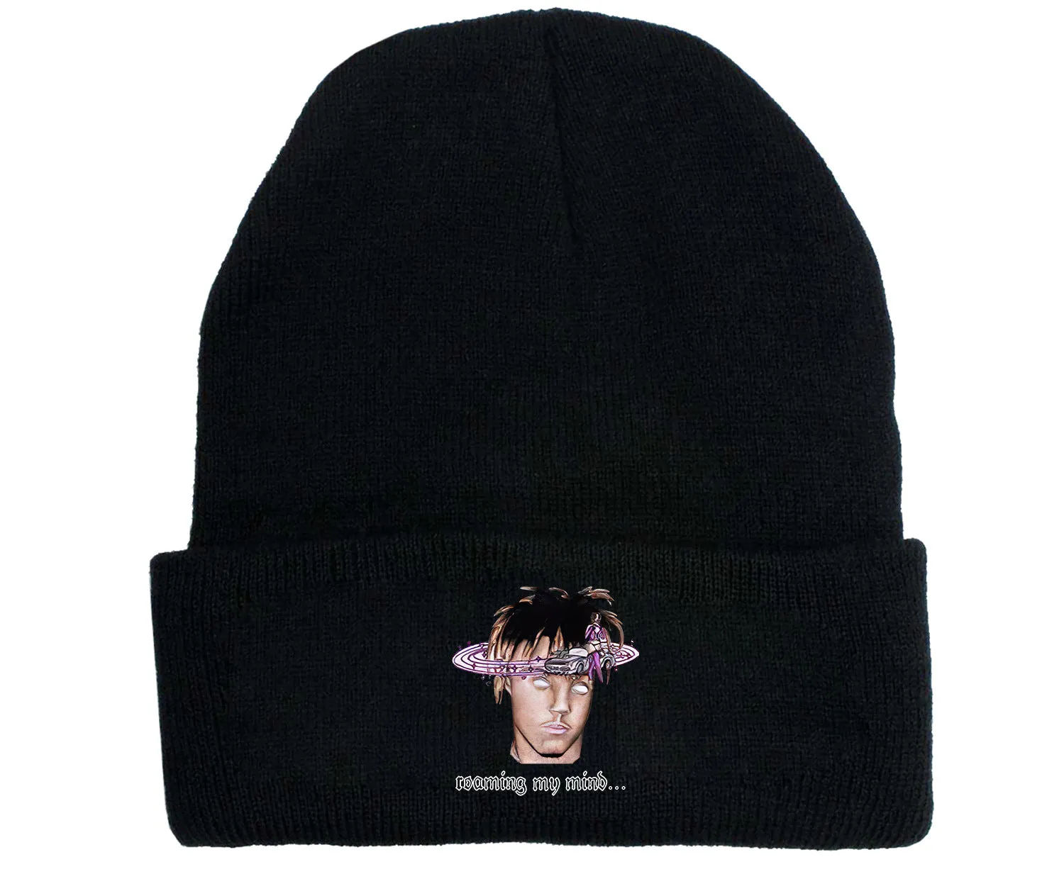 Wool knitted winter hat with flat top and curling brim in monochrome flower print
