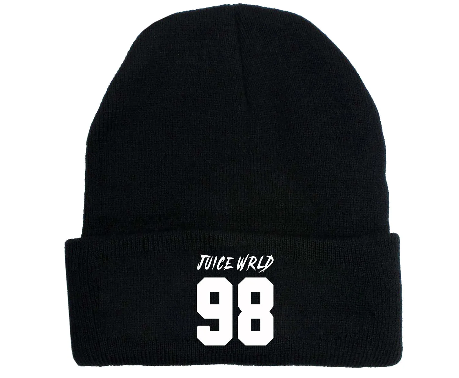 Wool knitted winter hat with flat top and curling brim in monochrome flower print