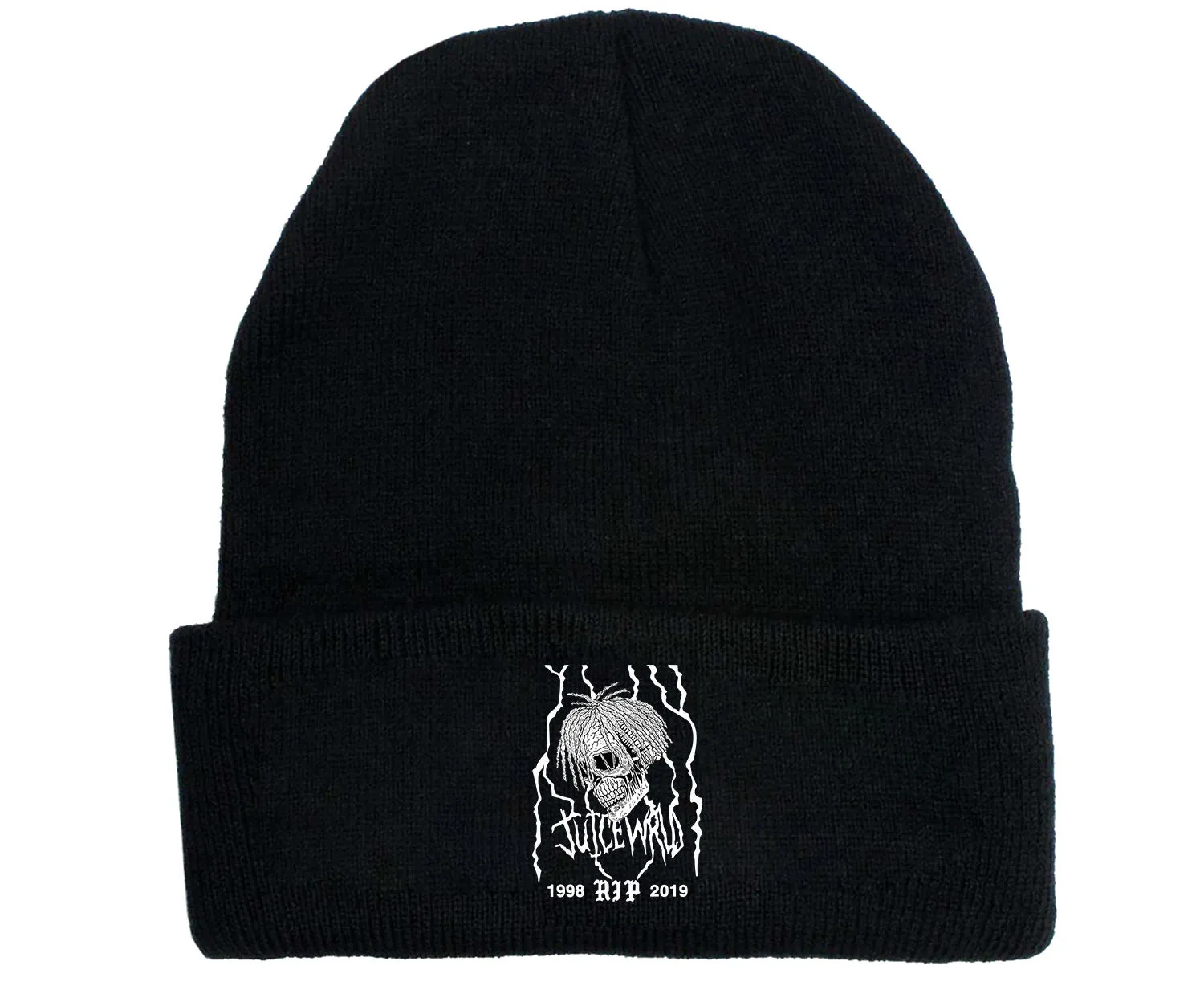 Wool knitted winter hat with flat top and curling brim in monochrome flower print